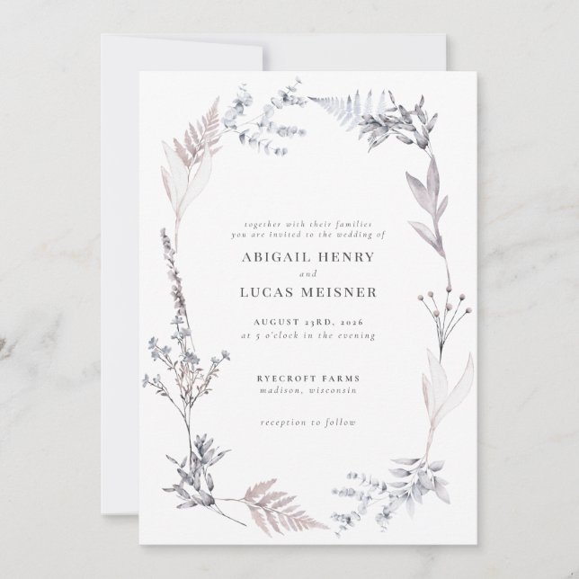 Invitation Elégant Dusty Blue Grey Fleur sauvage Mariage (Devant)