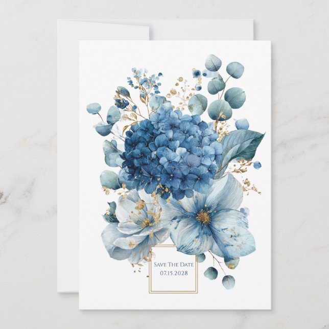 Invitation Elegant Dusty Blue Hydrangea Peony Gold Glitter (Devant)