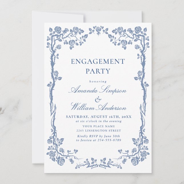 Invitation Elégant Dusty Blue Jardin Français ENGAGEMENT PART (Devant)