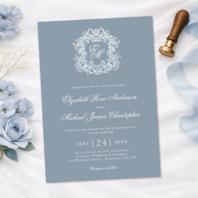 Invitation Elegant Dusty Blue Monogram Wedding Crest (Créateur téléchargé)