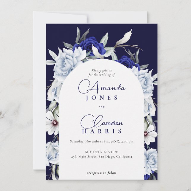 Invitation Elegant Dusty Blue Navy Floral Arch Wedding (Devant)