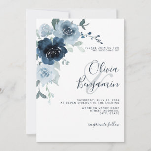 Invitation Elégant Dusty Blue Navy Pastel Boho Floral Mariage