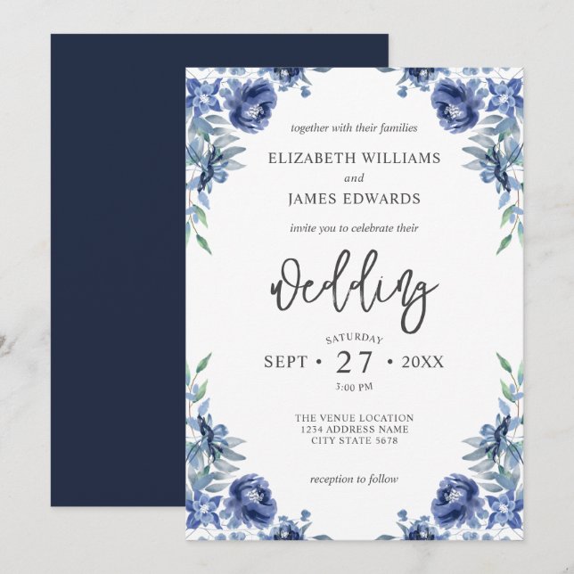 Invitation Elégant Dusty Blue Navy Rustic Floral Mariage (Devant / Derrière)