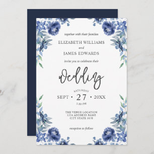 Invitation Elégant Dusty Blue Navy Rustic Floral Mariage