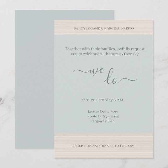 Invitation Elégant Dusty Blue Nous faisons WoodGrain Stripes  (Devant / Derrière)