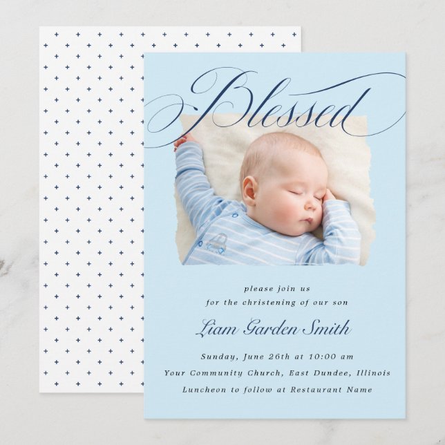 Invitation Elégant Dusty Blue Pastel Script Baptême Photo (Devant / Derrière)