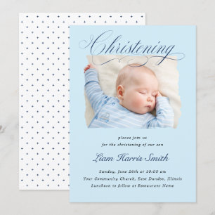 Invitation Elégant Dusty Blue Pastel Script Baptême Photo Boy