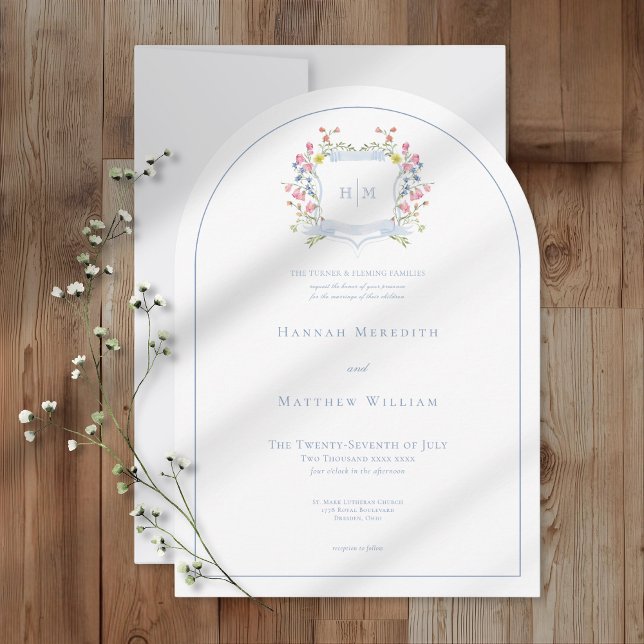 Invitation Elegant Dusty Blue Pastel Wildflower Crest Wedding (Créateur téléchargé)