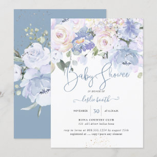 Invitation Elégant Dusty Blue Peonies crème Baby shower Rose
