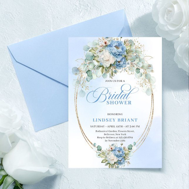 Invitation Elegant Dusty Blue Peonies Eucalyptus Gold Bridal  (Elegant Dusty Blue Peonies Eucalyptus Gold Bridal Invite)