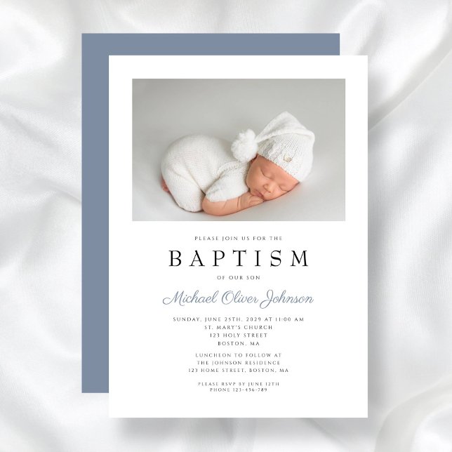 Invitation Elégant Dusty Blue Photo Boy Baptême (Elegant Dusty Blue Photo Boy Baptism Invitation)