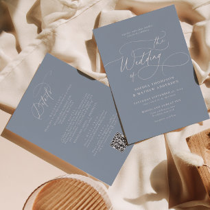 Invitation Elégant Dusty Blue QR Code Tout en un Mariage