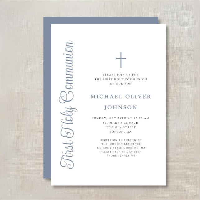 Invitation Elegant Dusty Blue Script Boy First Communion (Créateur téléchargé)