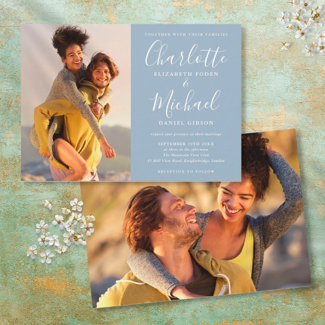 Invitation Élégant Dusty Blue Signature Script Photos Mariage (Créateur téléchargé)