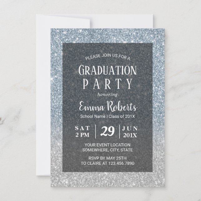 Invitation Elégant Dusty Blue & Silver Parties scintillant Gr (Devant)
