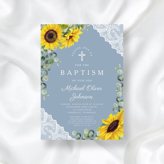 Invitation Élégant Dusty Blue Sunflowers Croix Baptême (Elegant Dusty Blue Sunflowers Cross Baptism Invitation)