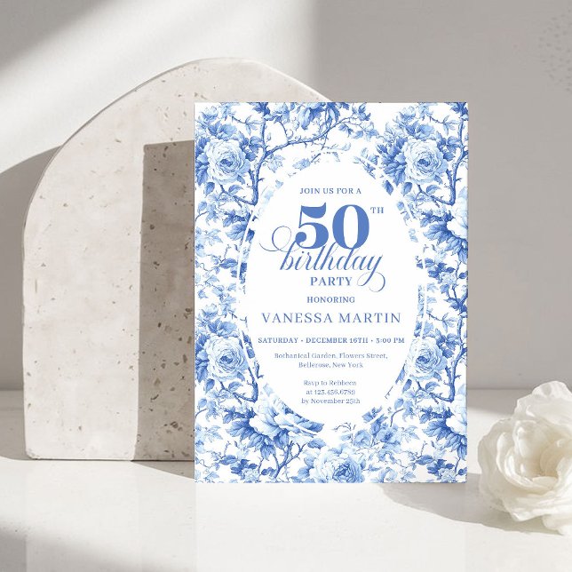 Invitation Elegant Dusty Blue Toile de Jouy 50th Birthday  (Elegant Dusty Blue Toile de Jouy 50th Birthday Invite)