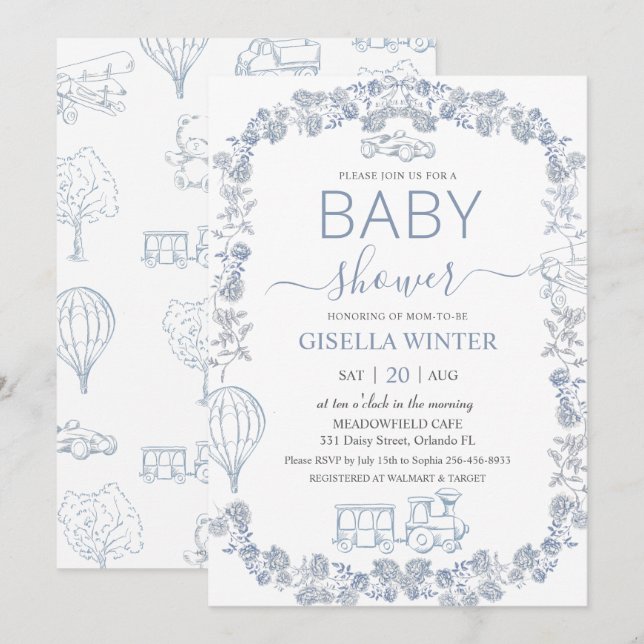 Invitation Elegant Dusty Blue Toile Floral Boy Baby Shower  (Devant / Derrière)
