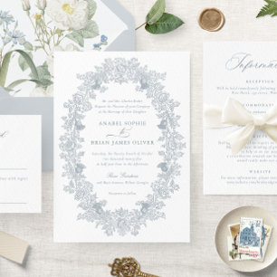 Invitation Elégant Dusty Blue Vintage Floral Wreath Mariage
