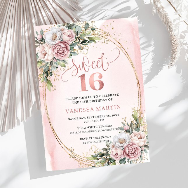 Invitation Elegant Dusty Pink Floral Greenery Sweet Sixteen  (Elegant Dusty Pink Floral Greenery Sweet Sixteen Invitation

)