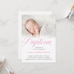 Invitation Élégant Dusty Pink Pastel Script Baptême Photo 