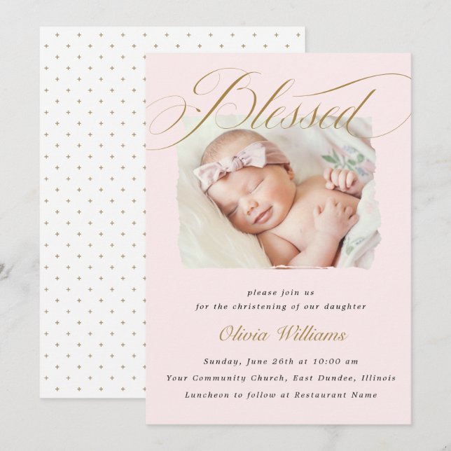 Invitation Élégant Dusty Pink Pastel Script Baptême Photo (Devant / Derrière)