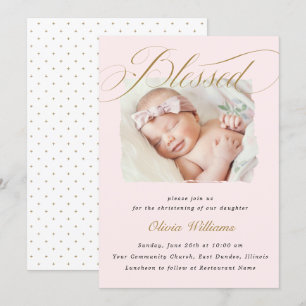 Invitation Élégant Dusty Pink Pastel Script Baptême Photo