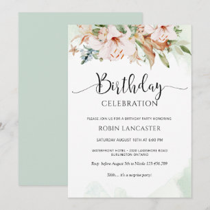 Invitation  Elégant Dusty Rose et Green Floral Anniversaire