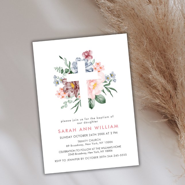 Invitation Élégant Dusty rose Floral Eucalyptus Cross Baptism (Elegant Dusty Pink Floral Eucalyptus Cross Baptism Invitation)
