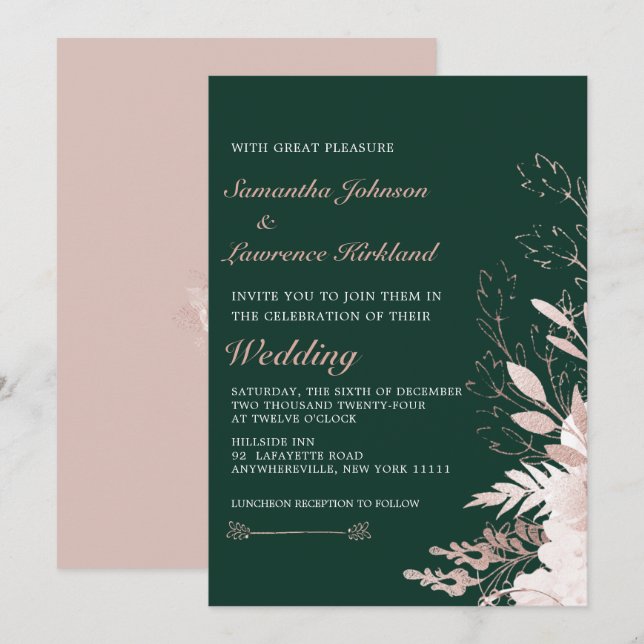Invitation Elégant Dusty Rose Floral Forest Green Mariage (Devant / Derrière)