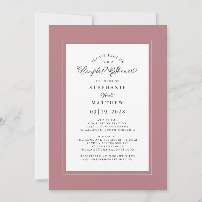 Invitation Elégant Dusty Rose rose Mariage Couples  Douche (Devant)