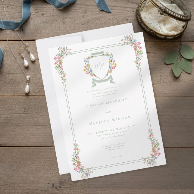 Invitation Elegant Dusty Sage Pastel Wildflower Crest Wedding (Créateur téléchargé)