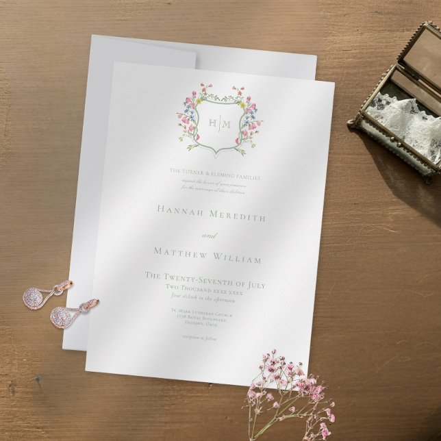 Invitation Elegant Dusty Sage Pastel Wildflower Crest Wedding (Créateur téléchargé)