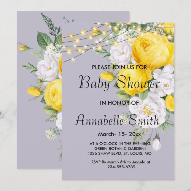 Invitation Élégant éclairage rustique Baby shower floral jaun (Devant / Derrière)