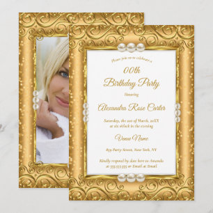 Invitation Élégant ÉCLAT OR Perle Blanche Photo Anniversaire