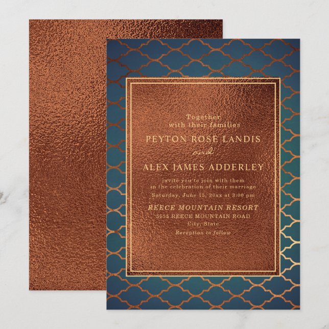 Invitation Elégant élégant Cuivre Turquoise Gold Wedding Invi (Devant / Derrière)