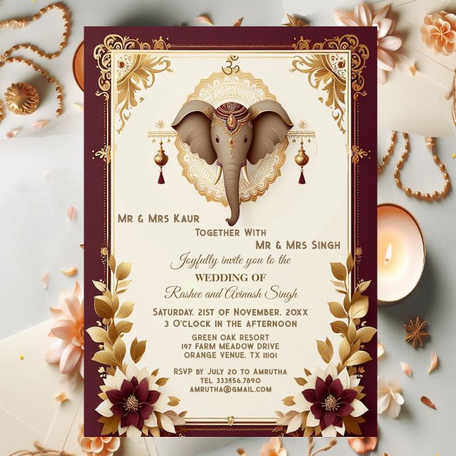 Invitation Elégant éléphant Auspicious Ganesha Floral Indien (Elegant Elephant Auspicious Ganesha Floral Indian Invitation)