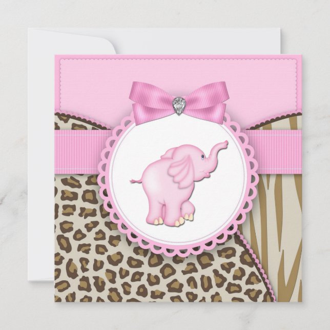 Invitation Elégant Eléphant Rose Baby Girl Douche (Devant)