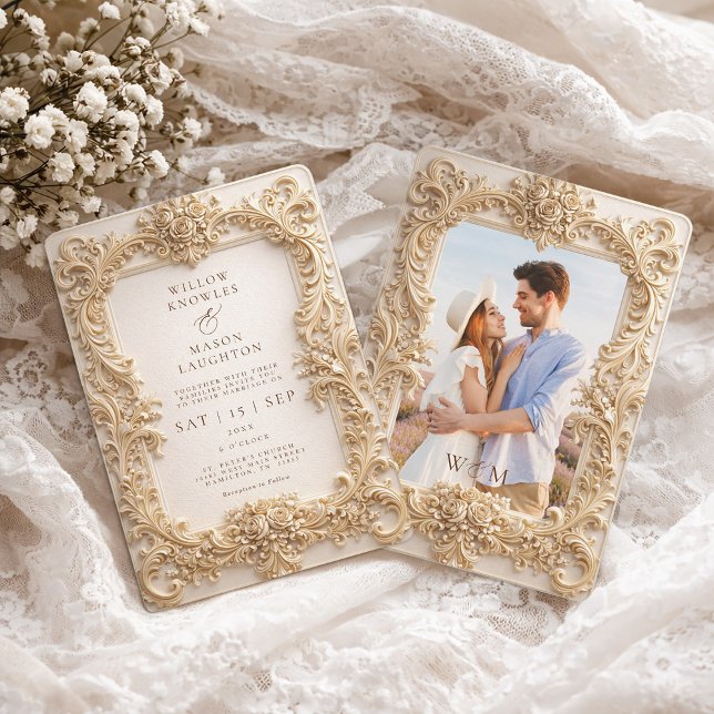 Invitation Elegant Embossed Style Frame Baroque Wedding (Elegant Baroque Gold Photo Frame Wedding Invitation)