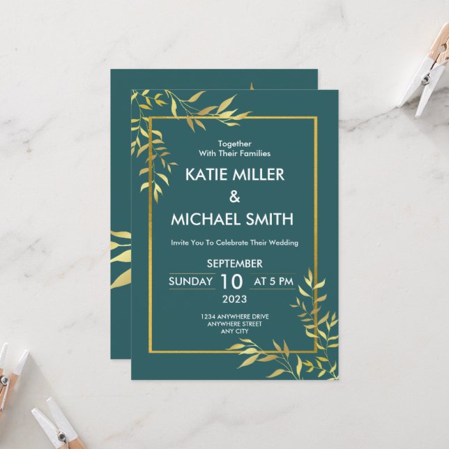Invitation Élégant Emeral Green & Gold Modern Mariage (Devant/Arrière en situation)