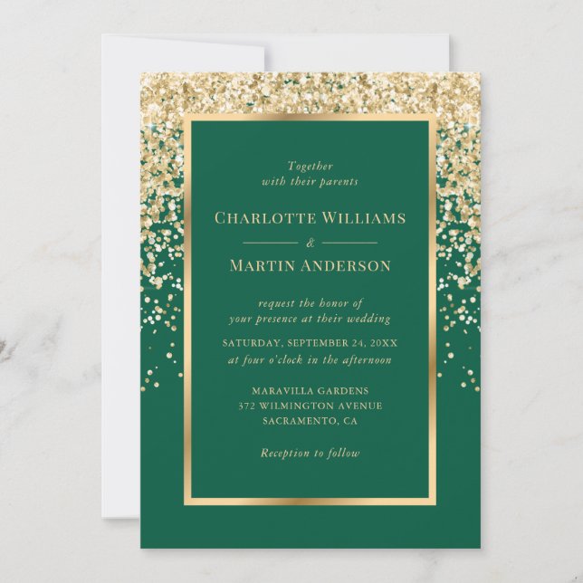 Invitation Elegant Emerald and Gold Confetti Wedding (Devant)