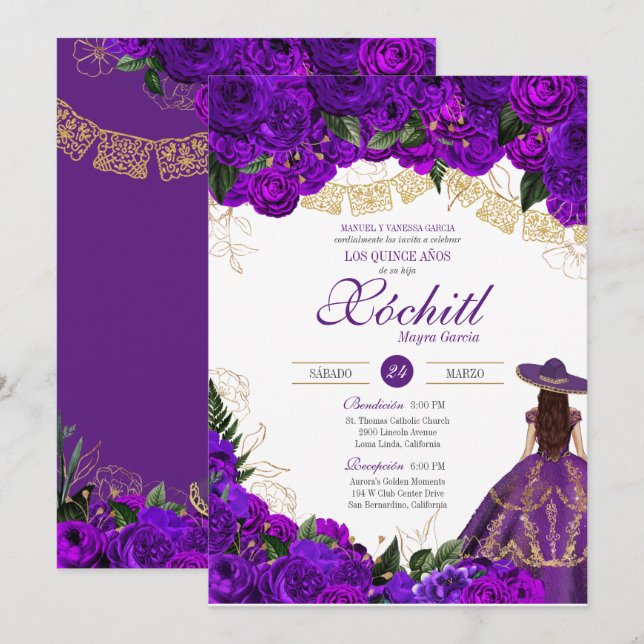 Invitation Élégant Emerald Charro Quinceanera Rose violet (Devant / Derrière)