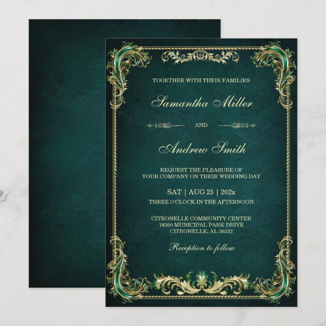 Invitation Élégant Emerald et Mariage or (Devant / Derrière)