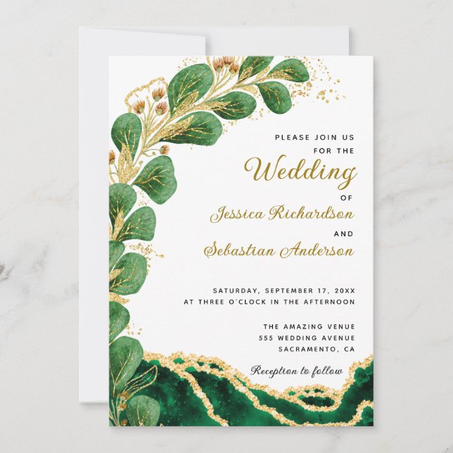 Invitation Élégant Emerald Green Agate Mariage Eucalyptus (Devant)