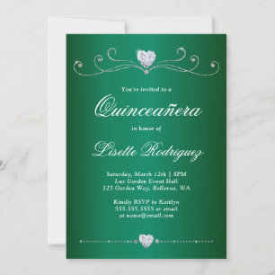 Invitation Élégant Emerald Green Diamond Swirl Quinceanera