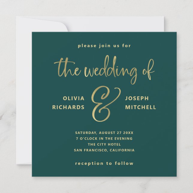 Invitation Élégant Emerald Green et Mariage Faux Gold (Devant)