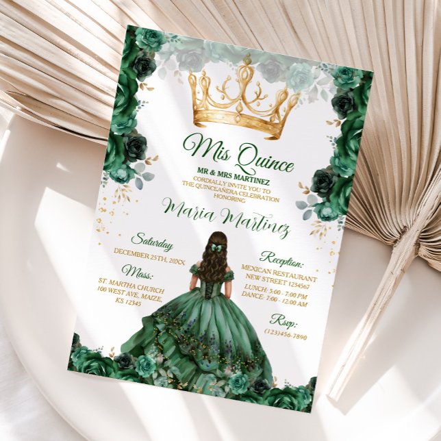 Invitation Élégant Emerald Green Floral Gold Crown Mis Quince (Créateur téléchargé)