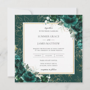 Invitation Élégant Emerald Green Floral Mariage Carré or