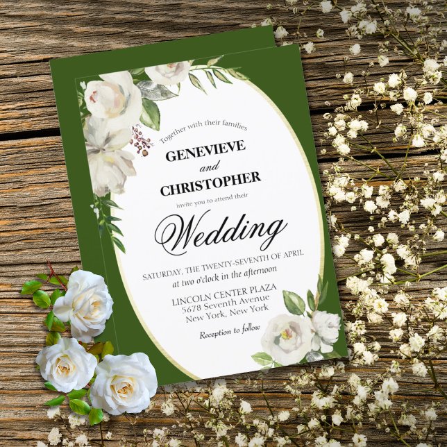 Invitation Élégant Emerald Green Floral Mariage or (Elegant Emerald Green Floral White Rose Wedding Invitation)