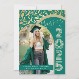 Invitation Élégant Emerald Green & Gold Arch Photo Graduation